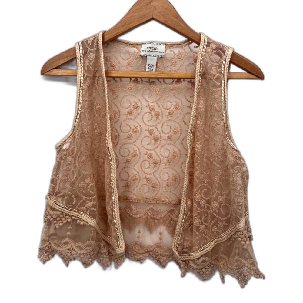 Chicos Fairy Core Sleeveless Sheer Lacce Cropped Open Front Cardigan Size S/M